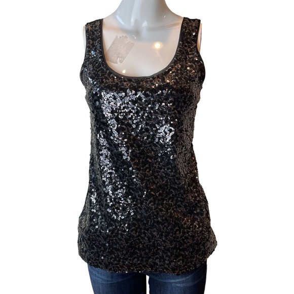 Banana Republic Womens Sequin Tank Top Scoop Neck 233760-01 Black Size Small - Picture 2 of 7